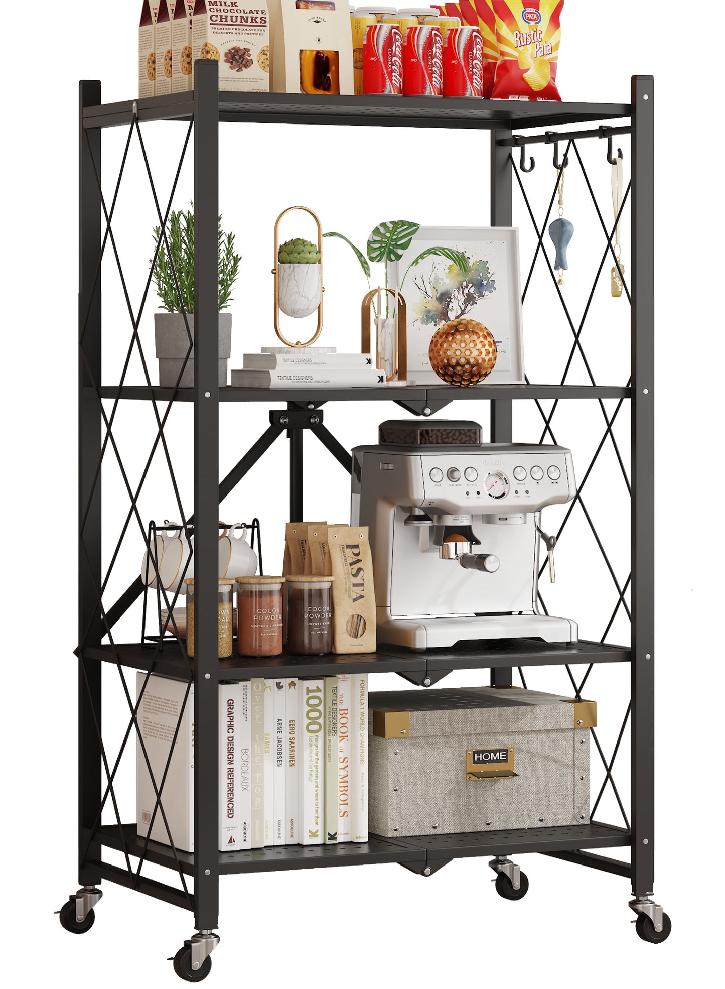 Vebreda 4-Tier Storage Shelf Foldable Metal Shelving Units with Wheels, Black