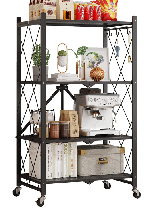Vebreda 4-Tier Storage Shelf Foldable Metal Shelving Units with Wheels, Black