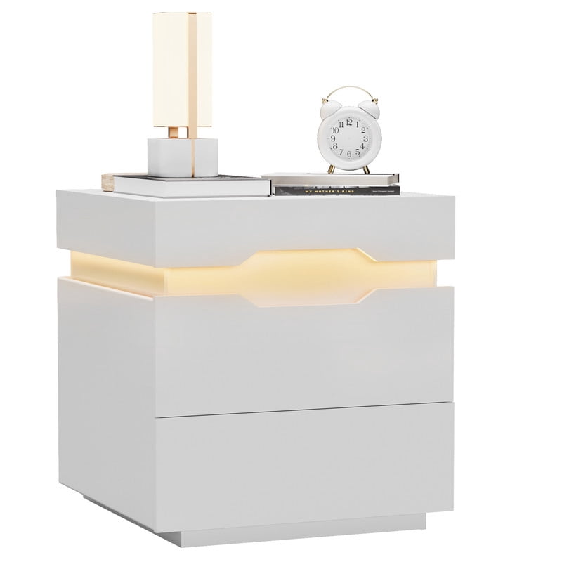 Vineego LED Nightstand with Charging Station, End Table Beside Table with 2 Drawers & Sliding Top for Bedroom Living Room,White