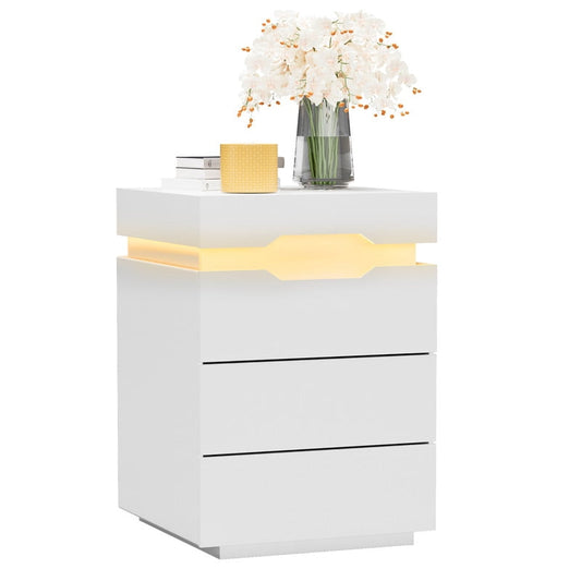 Vineego LED Nightstand with Charging Station, End Table Beside Table with 3 Drawers & Sliding Top for Bedroom Living Room,White