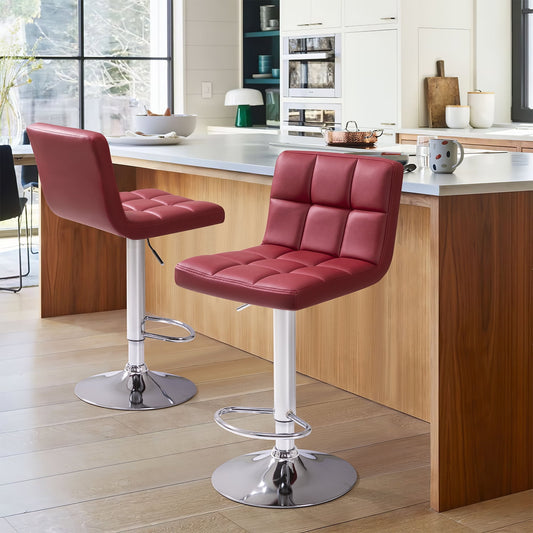 Vineego Modern Square PU Leather Swivel Adjustable Bar Stool, Set of 2, Bar Stool for Kitchen Counter,Red