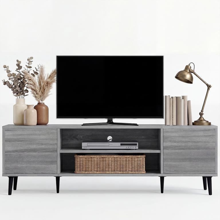 Vineego TV Stand for 55 Inch TV with 2 Push-to-Open Doors, Mid-Century Modern Media Console with Open Shelves, Entertainment Center for Living Room Bedroom, Brown