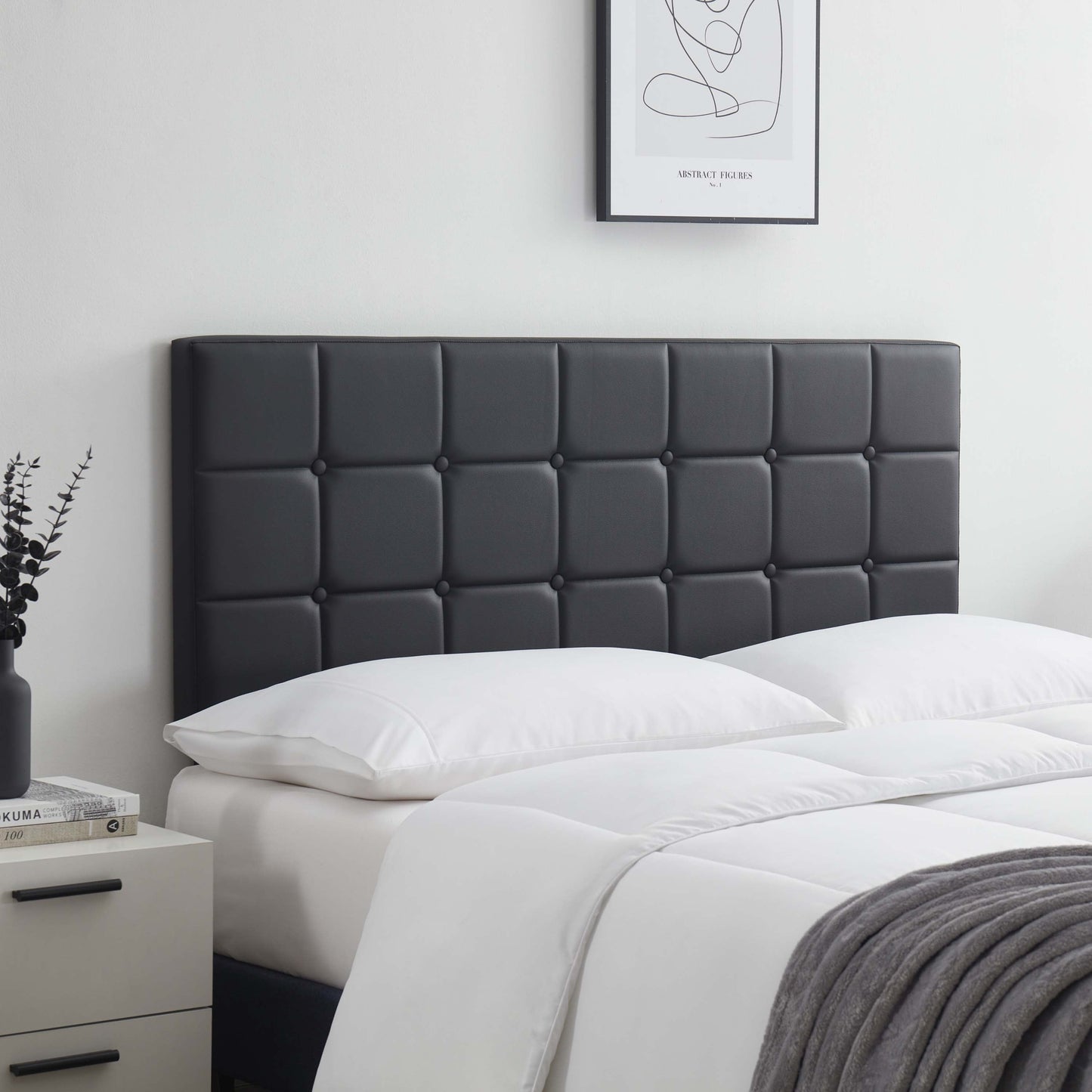LammaLoe Faux Leather Button Square Tufted Twin Headboard with Adjustable Height, Black, Twin
