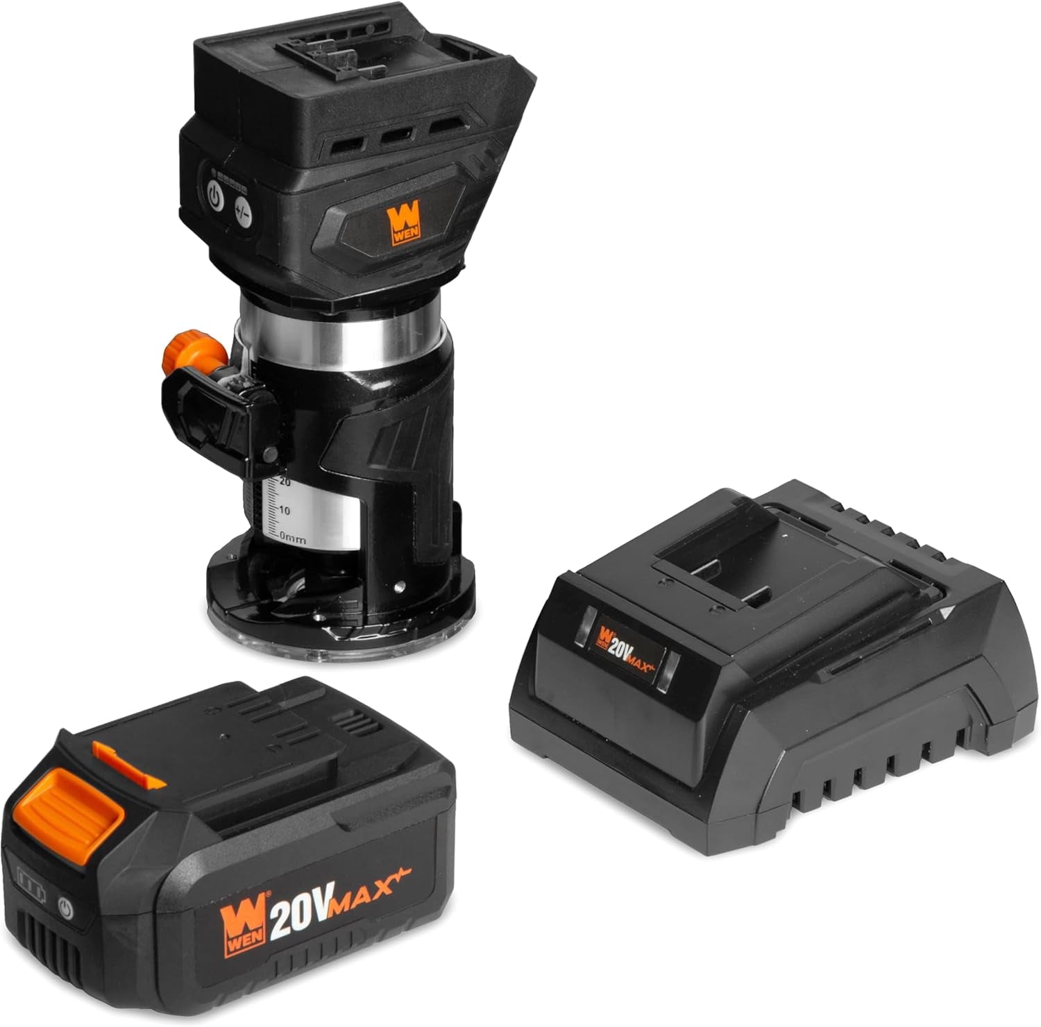 WEN  20V Max Cordless Brushless Compact Trim Router with Fixed Base, 4Ah Lithium-Ion Battery, and Charger (20610)