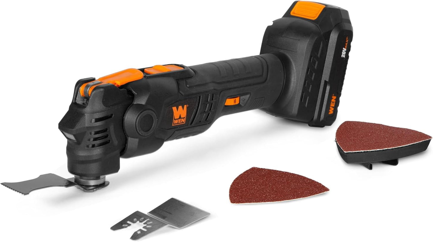 WEN 20V Max Cordless Brushless Variable Speed Multi-Function Oscillating Tool with Anti-Vibration System, Accessories, 2.0Ah Li-Ion Battery, and Charger (20936)