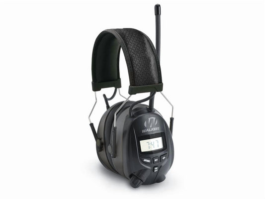 WALKER'S Digital AM/FM Radio Muff - 25dB Noise Reduction Rating Hunting Shooting Hearing Protection Electronic Earmuffs w/ Radio, MP3/CD Player Jack, 2 AAA Batteries Included