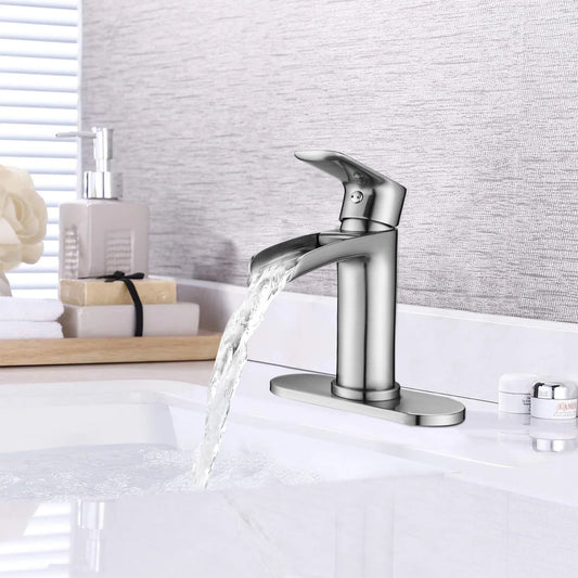 Waterfall Bathroom Faucet Single Handle Bathroom Sink Faucets 1 or 3 Hole Solid Vanity Faucet with Deck Plate & Overflow Pop Up Drain Brushed Nickel