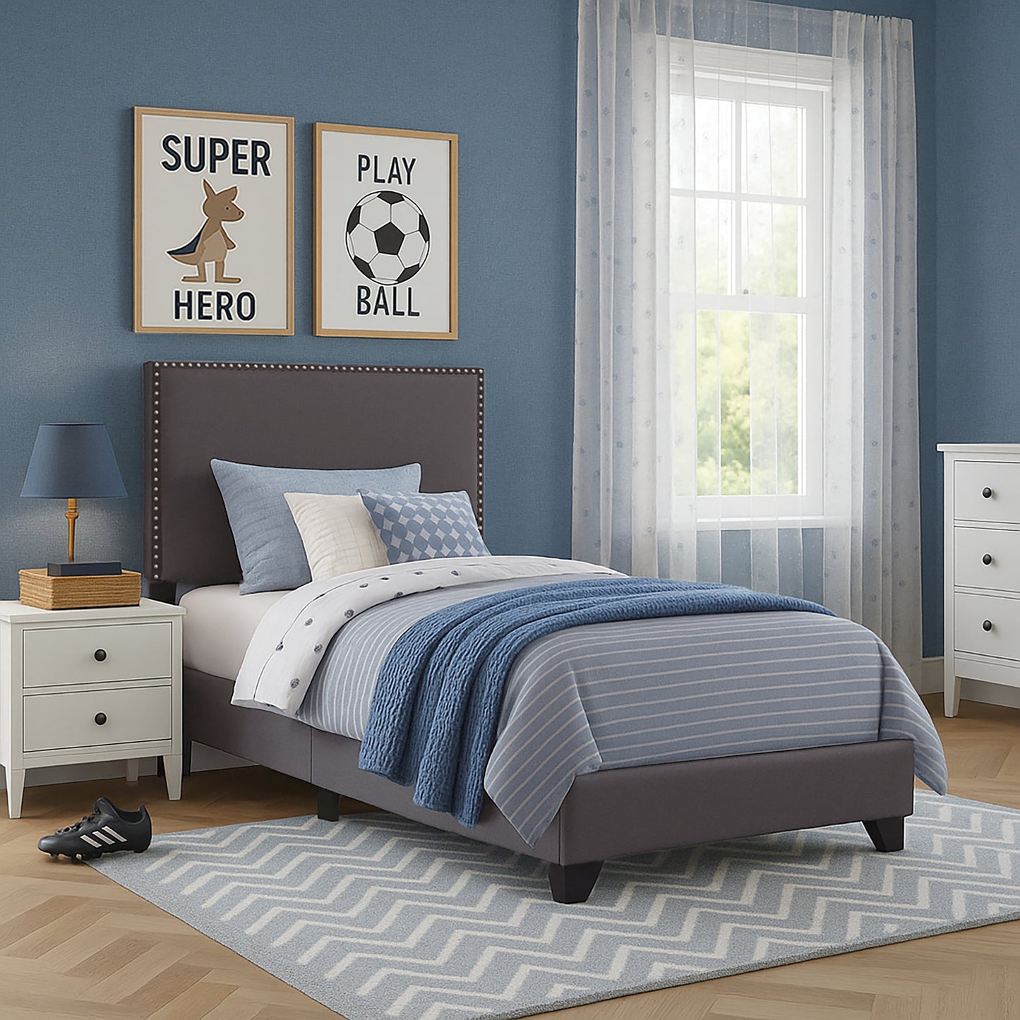 Willow Nailhead Trim Upholstered Twin Bed, Charcoal