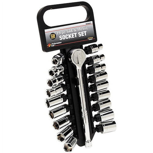 Performance Tool W38301 19 Piece 3/8" Drive SAE and Metric 6 Point Socket Set with Ratchet
