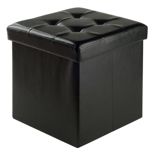 Winsome Wood Ashford Square Storage Ottoman, Black Faux Leather