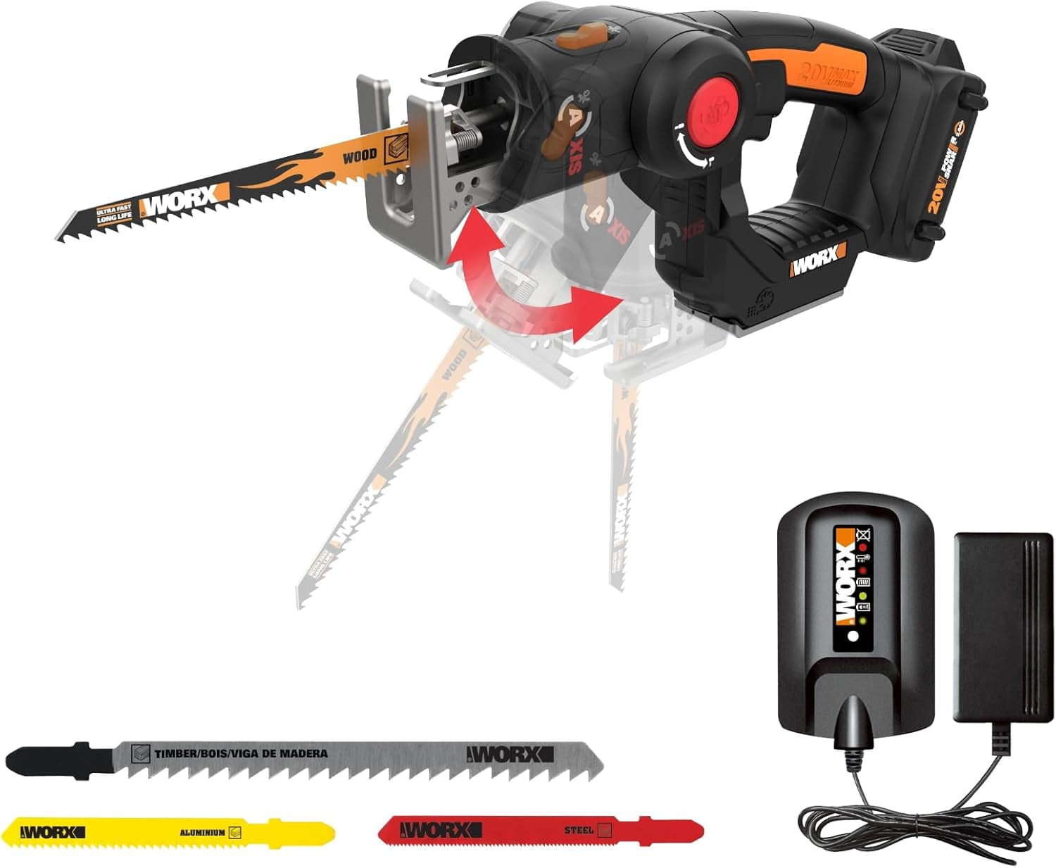 Worx WX550L 20V Power Share Axis Cordless Reciprocating & Jig Saw (Battery & Charger Included)