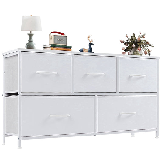 edx 5 Drawer Fabric Dresser for Bedroom, Chest of Drawer Organizer Storage Cabinet for Closet, Entryway, White
