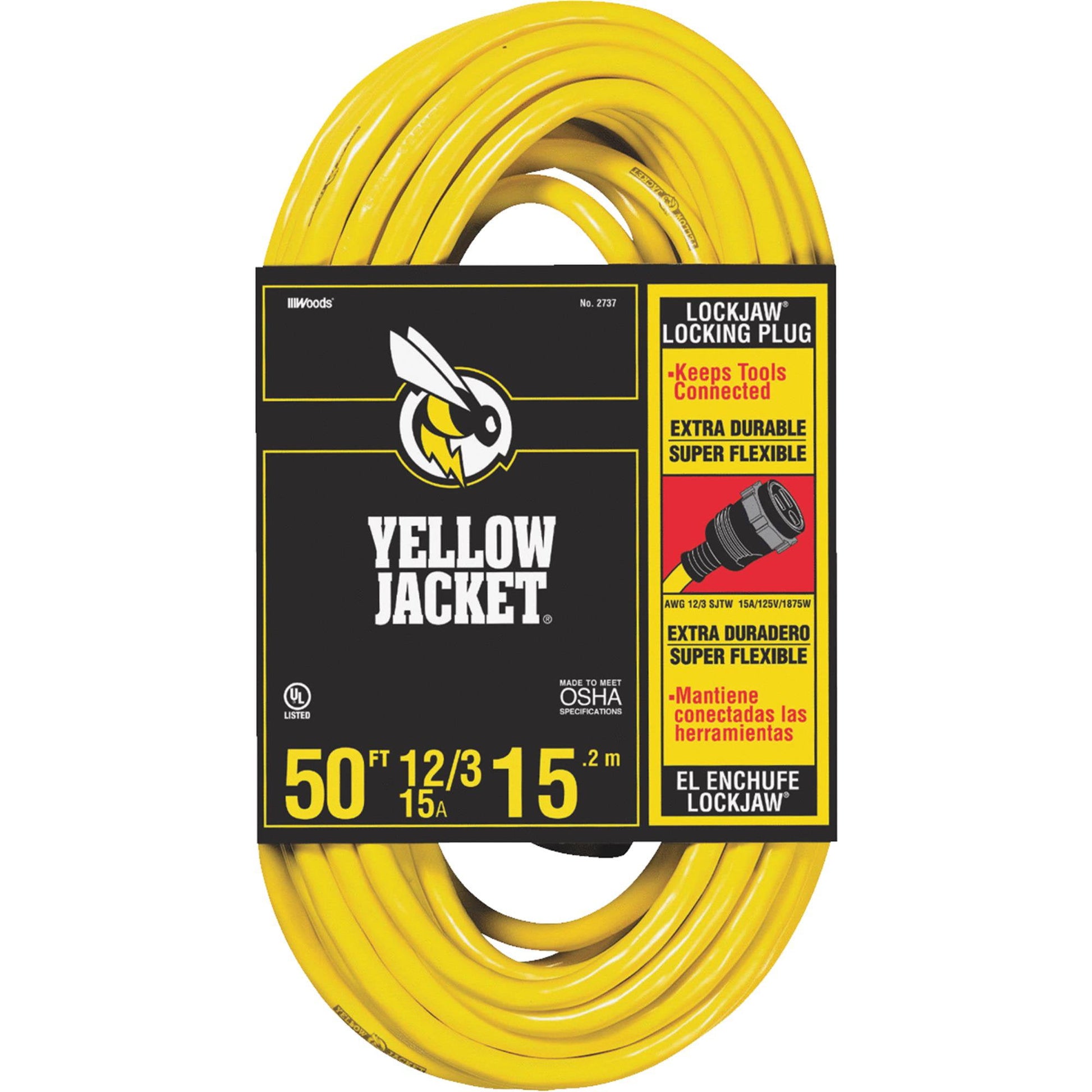 Yellow Jacket 2737 12/3 50' SJTW Heavy-Duty Premium Contractor Extension Cord with Locking Plug