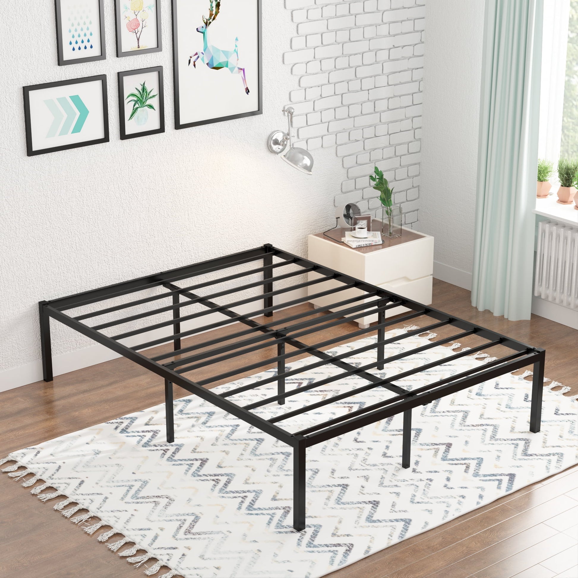 Yoneston 16 Inch Full Metal Platform Bed Frame Reinforce Heavy Duty No Box Spring Mattress Foundation High Bed Frame with Under-Bed Storage for Adults