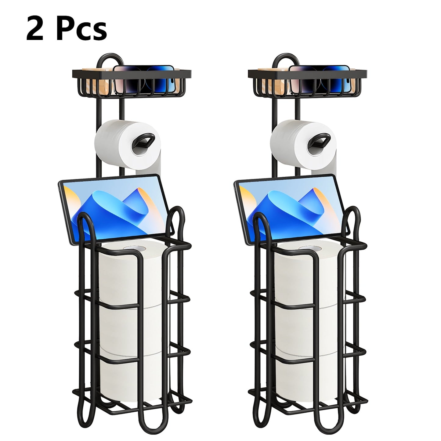 Yoneston 2 Pcs Toilet Paper Holder with Large Top Shelf Heavy Duty Bathroom Freestanding Toilet Paper Roll Stand, Iron Black