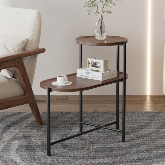 Yoneston 2-Tier Round End Table with Storage Tray Wood Small Side Table for Living Room, Bedroom, Kitchen, Brown