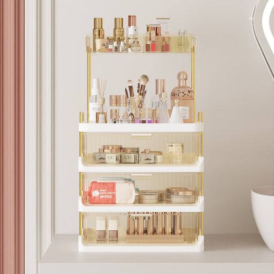 Yoneston 4-Tier Vanity Organizer with 3 Drawers, 22â€H Large Storage Bathroom Countertop Organizer, Multi-Purpose Makeup Organizer Countertop Cosmetics, Amber