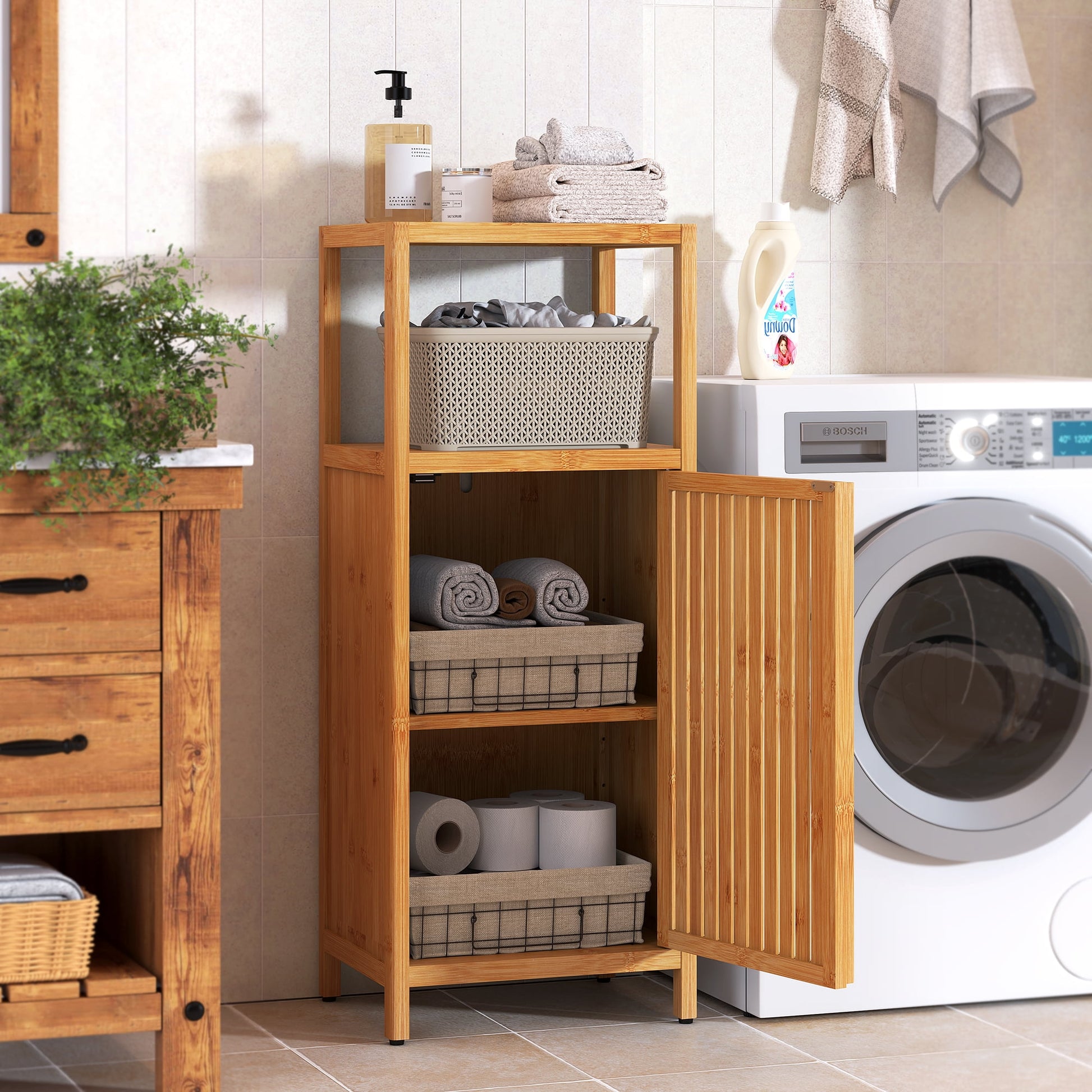 Yoneston 41" Bamboo Bathroom Shelf with Storage Cabinet, Freestanding Floor Cabinet Display Shelf for Toilet, Kitchen, Living Room, Natural