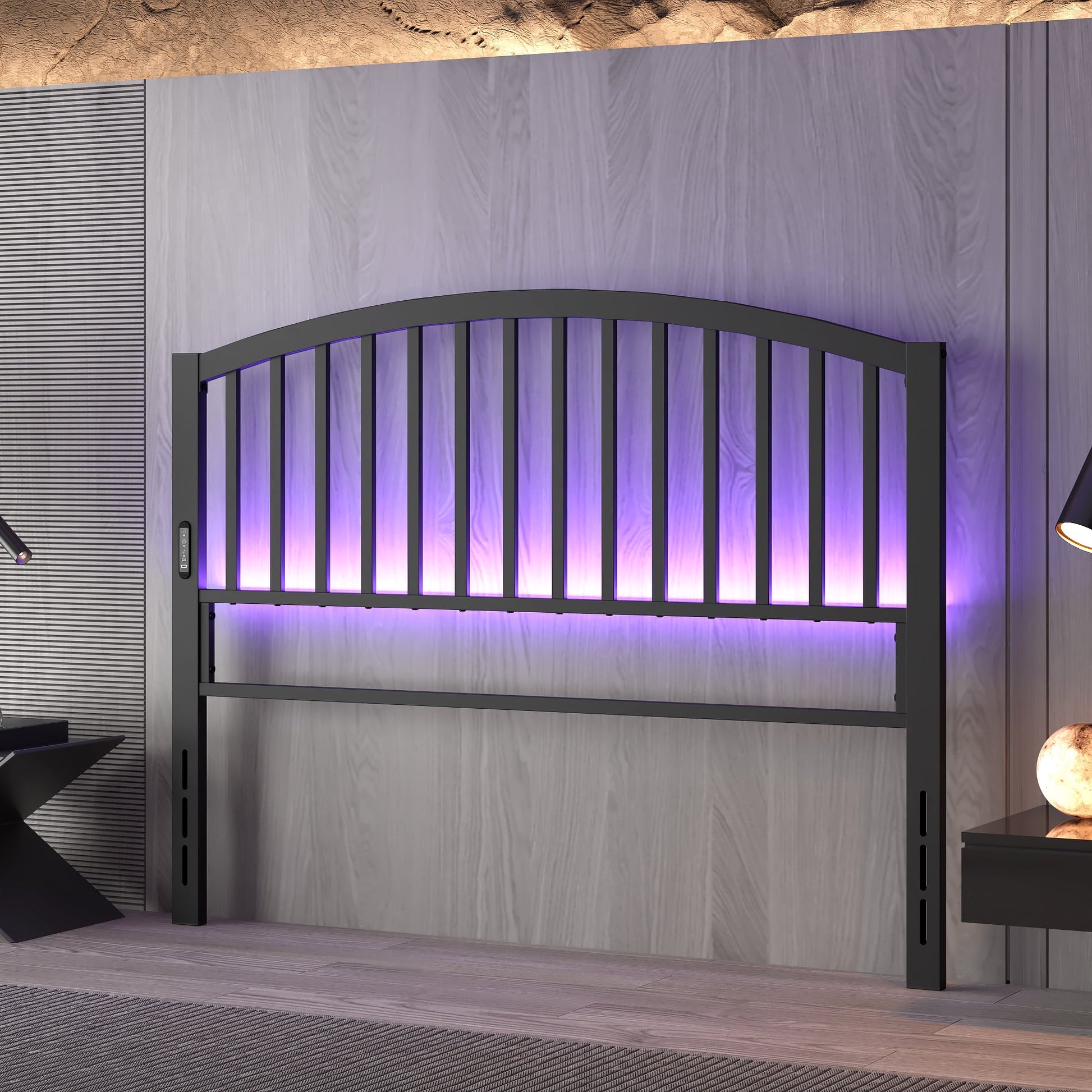Yoneston 46.76â€ High Arc Metal Queen Size Headboard with LED Light & Charging, Height Adjustable Metal Platform Bed Headboard â€“ Black