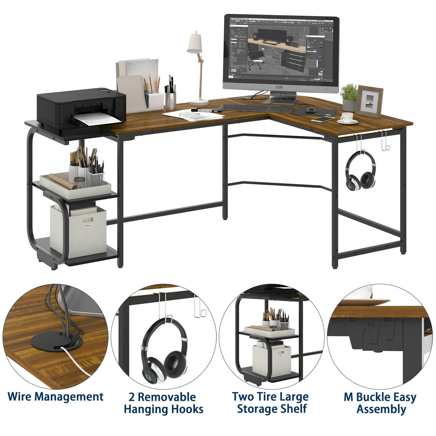 Yoneston 70" L Shape Computer Desk with 2-tier Bookshelf Storage, Large Home Office Corner Computer Table with Hooks, Beige