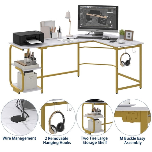 Yoneston 70" L Shape Computer Desk with 2-tier Bookshelf Storage, Large Home Office Corner Computer Table with Hooks, White Marble
