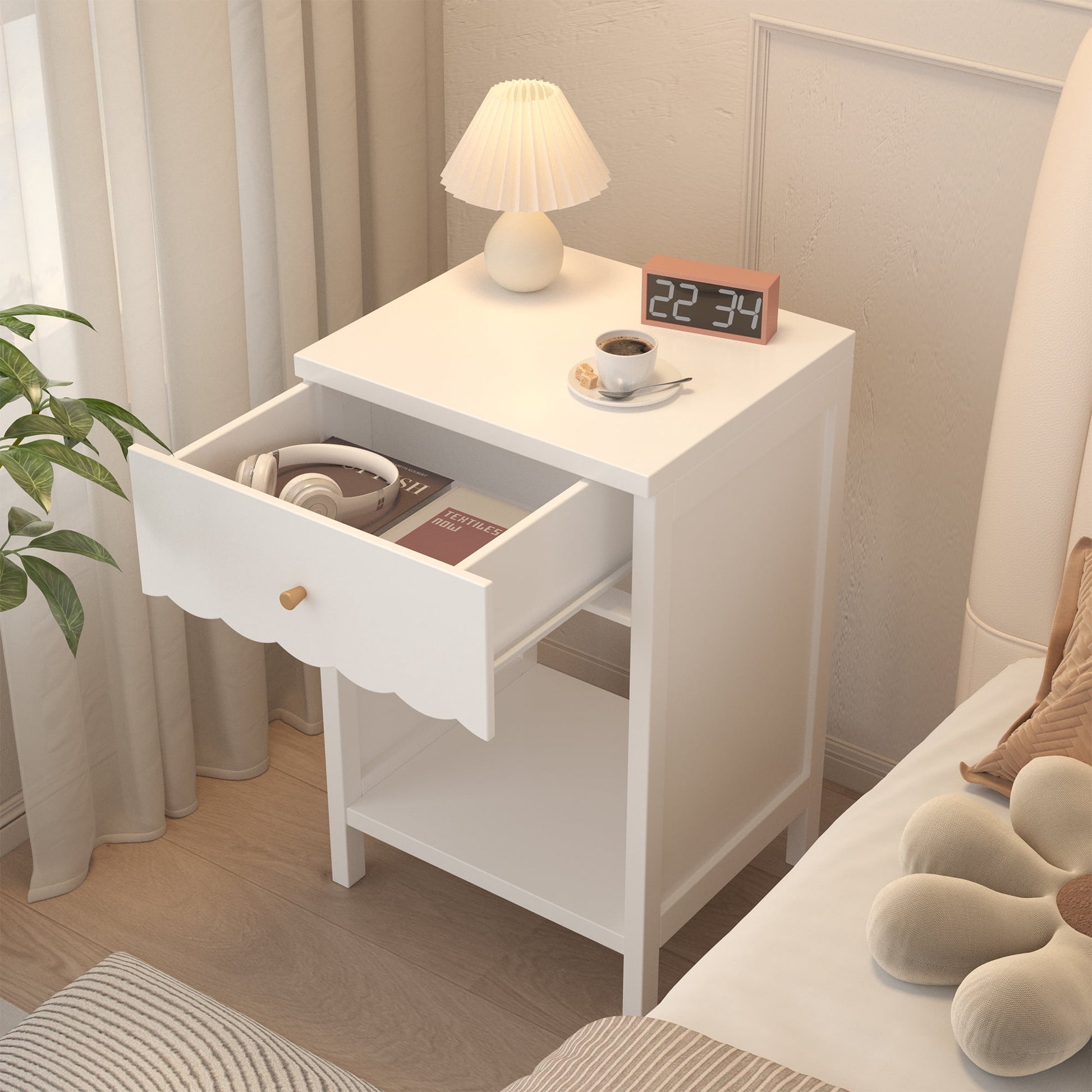 Yoneston Elegant Nightstand with Drawer and Open Shelf Storage for Bedroom Kid's Room Bedside, White