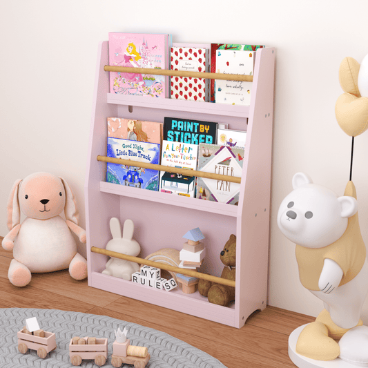 Yoneston Kids 3-Tier Bookcase with Wood Rails, Children's Standing Display Bookshelf for Playroom, Bedroom, Nursery, Pink