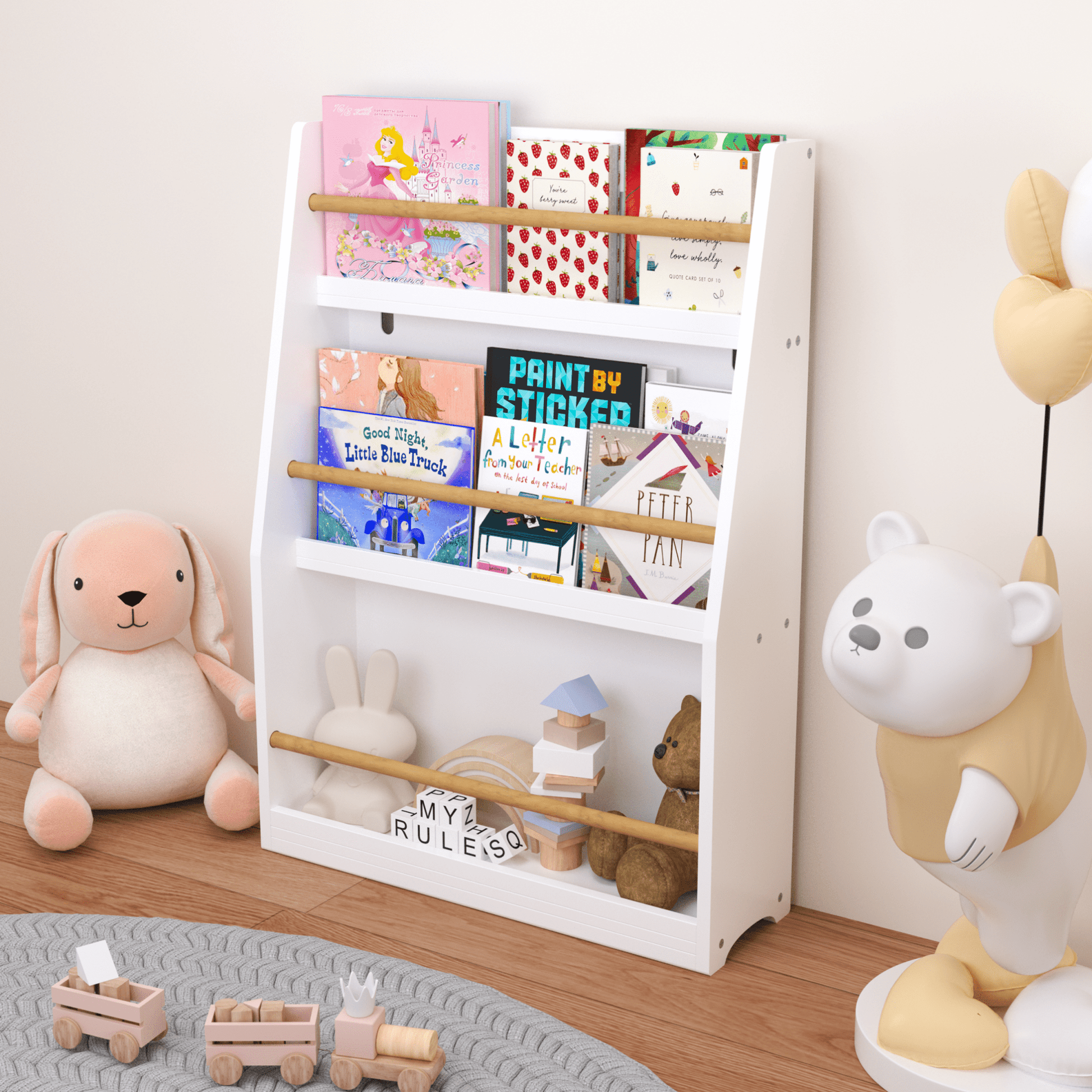 Yoneston Kids 3-Tier Bookcase with Wood Rails, Children's Standing Display Bookshelf for Playroom, Bedroom, Nursery, White