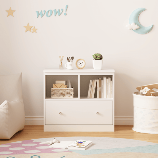 Yoneston Kids Bookcase with 2 Open Shelves & Drawer, Children's Storage Cabinet for Playroom, Bedroom, Nursery, White