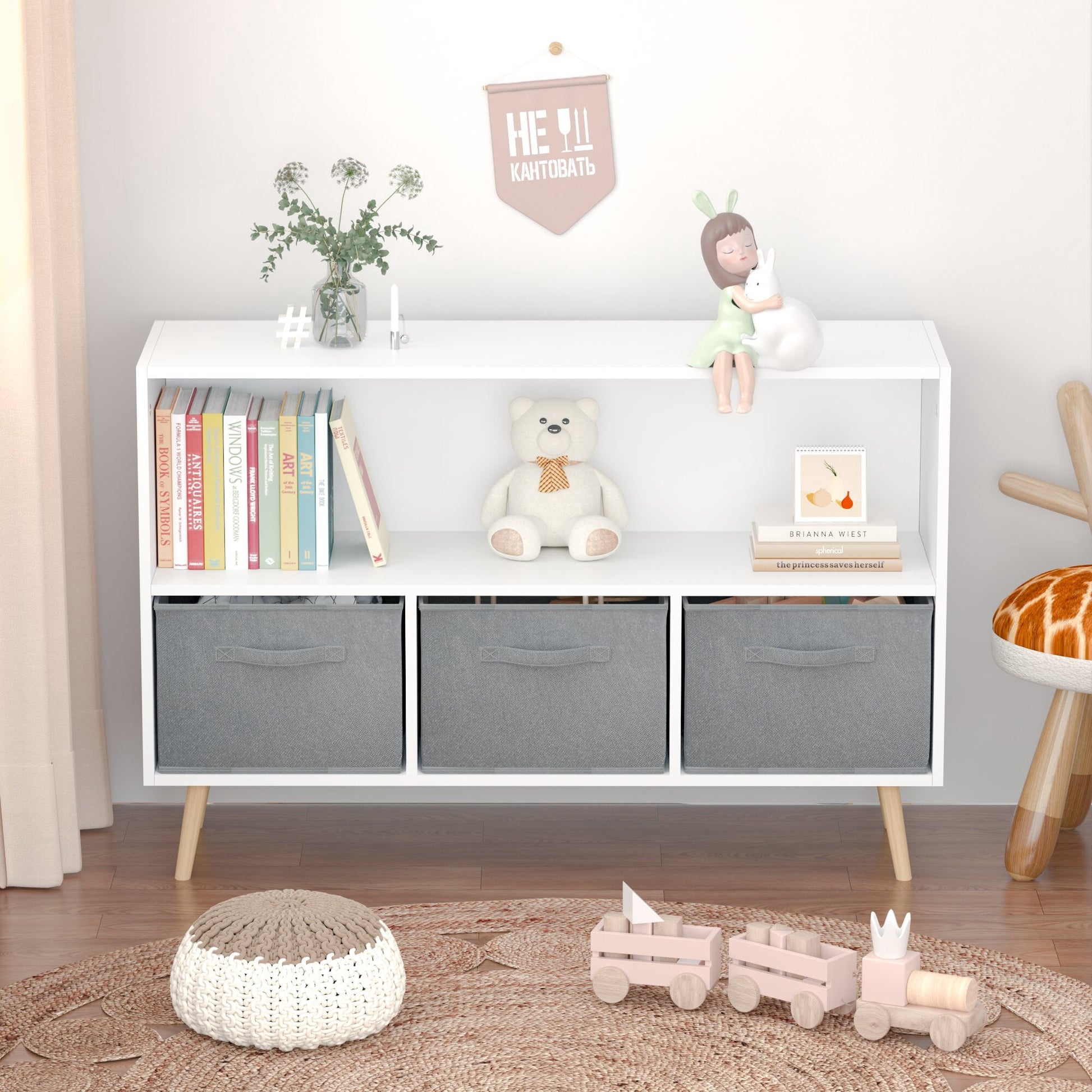Yoneston Kids Bookcase with 3 Collapsible Fabric Drawers, Children's Toy Storage Organizer Book Display Cabinet for Playroom, Bedroom, White+Gray