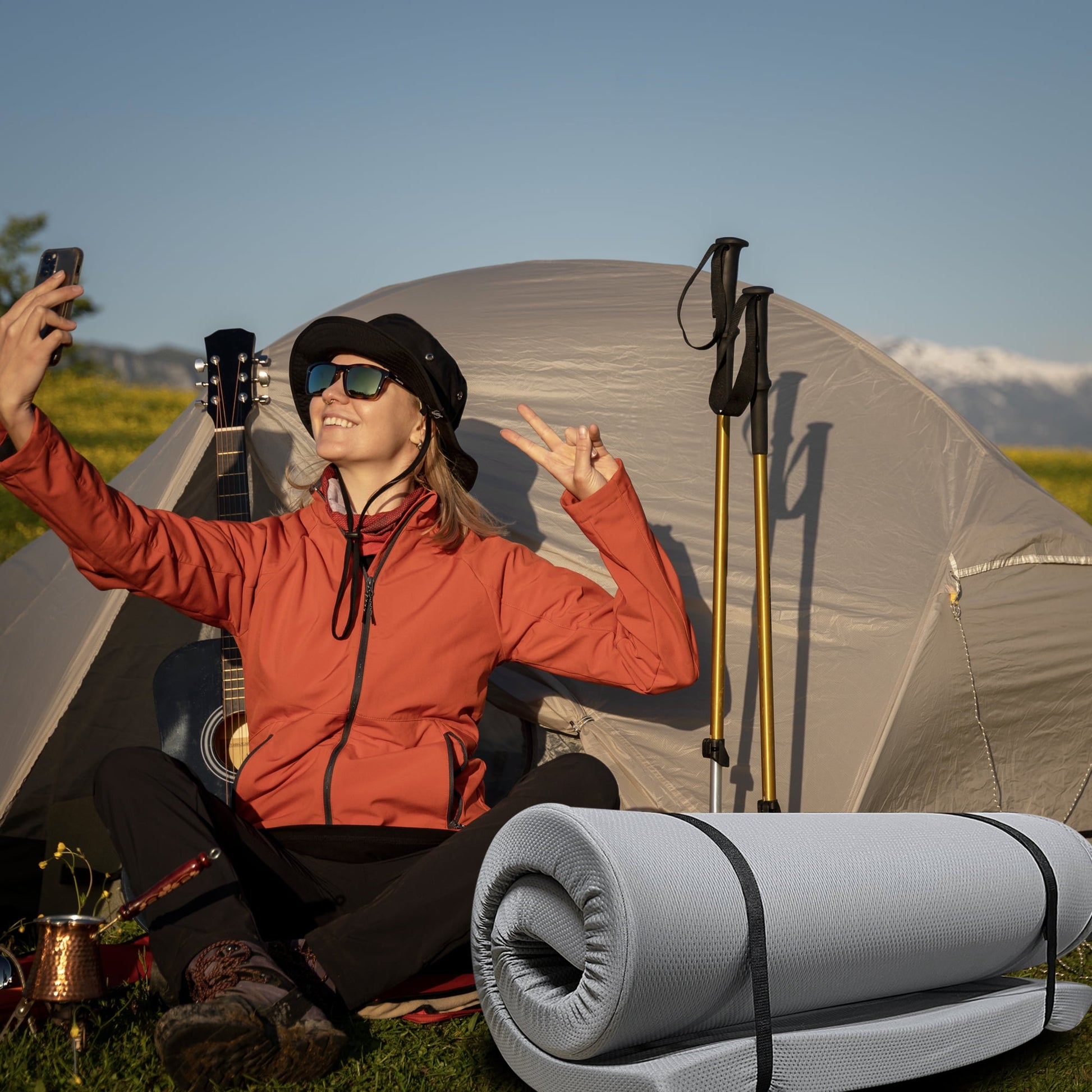 Yoneston Memory Foam Camping Mattress Pad, Portable Roller Sleeping Pad for RV Car Tent Camping SUV Outdoor Cot Mattress, Gray 75"x38"x4"