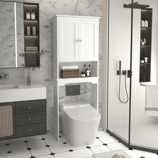Yoneston Over The Toilet Storage Cabinet with Adjustable Shelves, Wood Bathroom Space Saver with Door, White