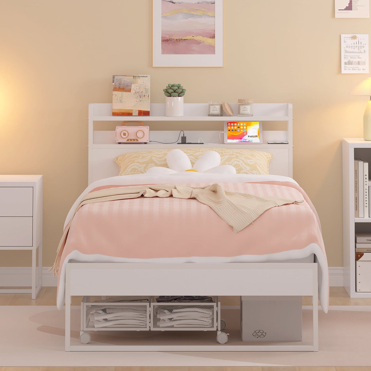 Yoneston Power Outlet Twin Metal Platform Bed Frame with 2-Tier Storage Charging Station Headboard for Kids Bedroom Furniture, White