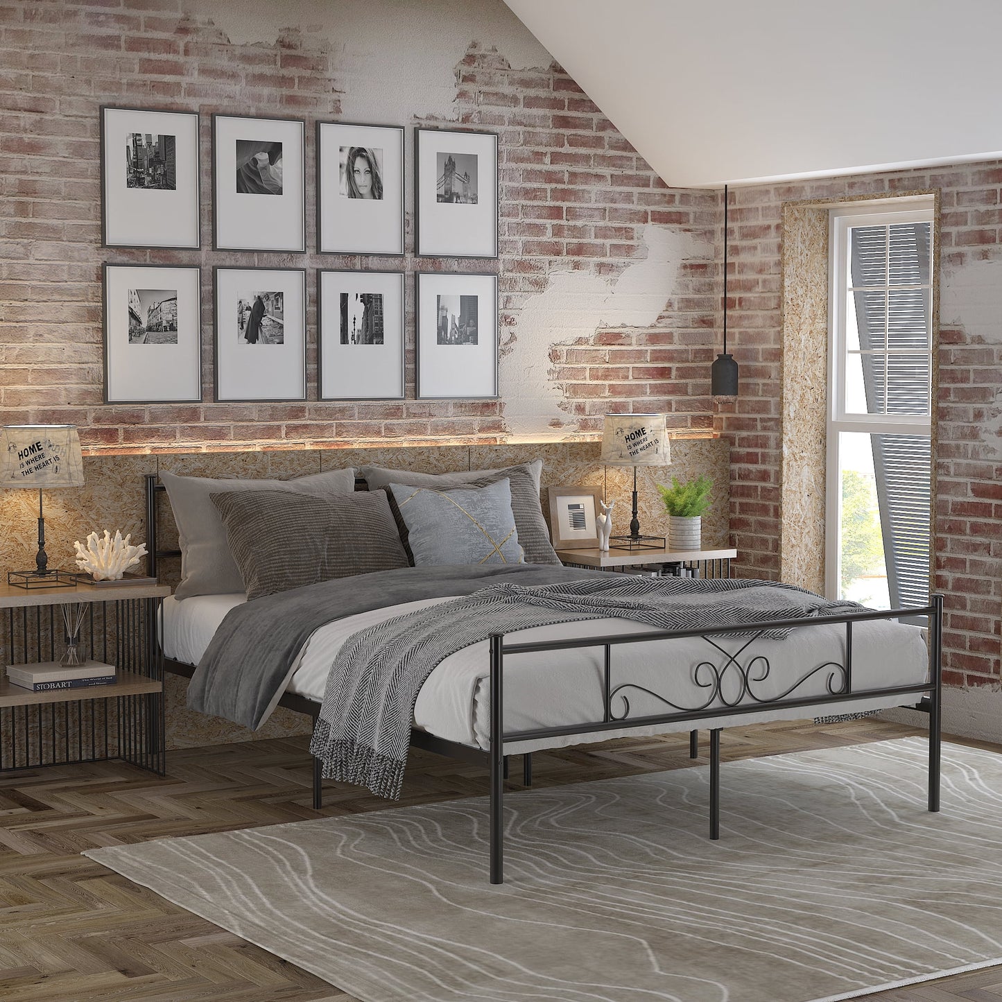 Yoneston Queen Size Metal Bed Bedroom Mattress Platform Foundation with Headboard