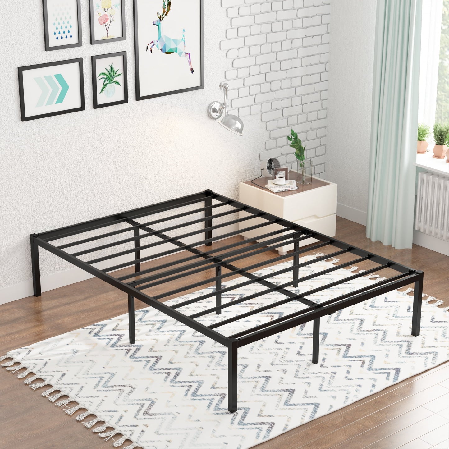 Yoneston Queen Size Metal Bed Frame 18" High Platfrom Beds Frames with Under-Bed Storage, Black