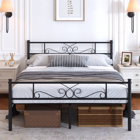 Yoneston Queen Size Metal Platform Bed Frame with Vintage Headboard & Footboard for Adult Bedroom, Black