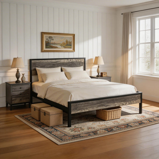 Yoneston Black Oak Queen Size Platform Bed Frame with Vintage Wood Headboard & Footboard