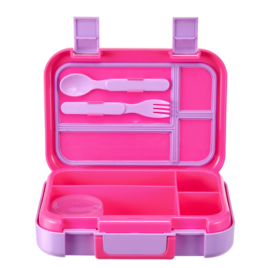 Your Zone Kids Bento Lunch Box, 4-Compartment Food Container with Utensils & Dressing Cup, Pink