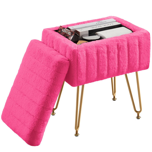 ZUNMOS Ottoman Vanity Stool Chair, with Storage, Modern Style Faux Fur Seat with 4 Metal Legs & Non-slip Feet for Living Room, Bedroom, Rose Red