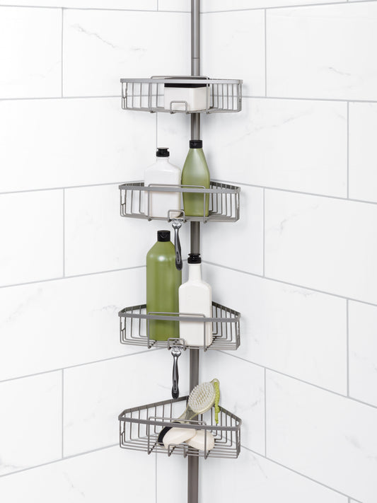 Zenna Home Satin Nickel Metal Tension Pole Shower Caddy with 4 Basket Shelves, Adjustable 5 - 9 Feet