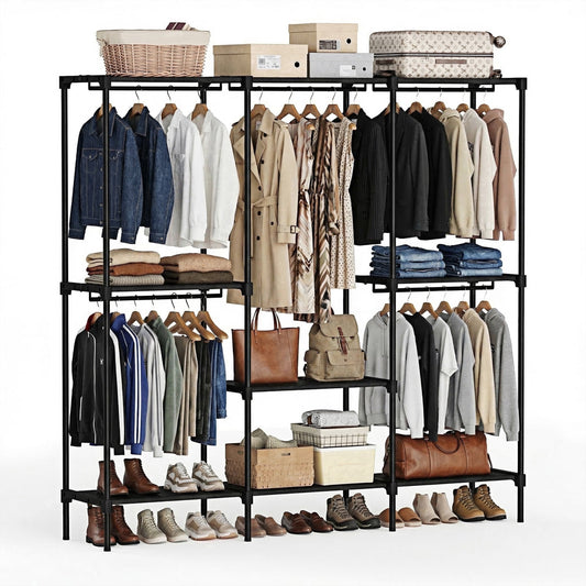 edx 3-Column Portable Closet Wardrobe, 81 inch Heavy Duty Clothes Storage Organizer with Hanging Rods and Shelves for Bedroom, Living Room, Entryway,Black