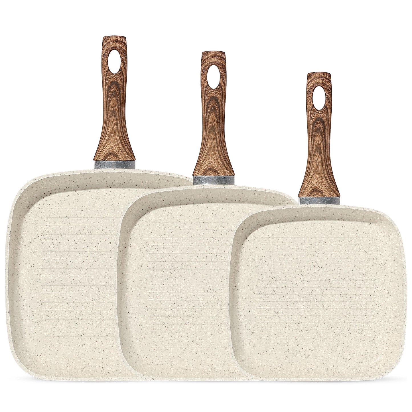 EDX 3 Piece Nonstick Grill Pans, Square Frying Pans Set with Stay Cool Handle ,for Indoor Outdoor RV Camping Cooking, Beige
