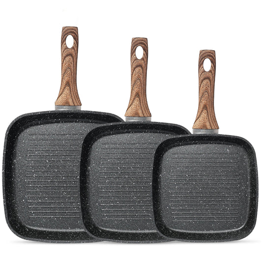 EDX 3 Piece Nonstick Grill Pans, Square Frying Pans Set with Stay Cool Handle ,for Indoor Outdoor RV Camping Cooking, Black