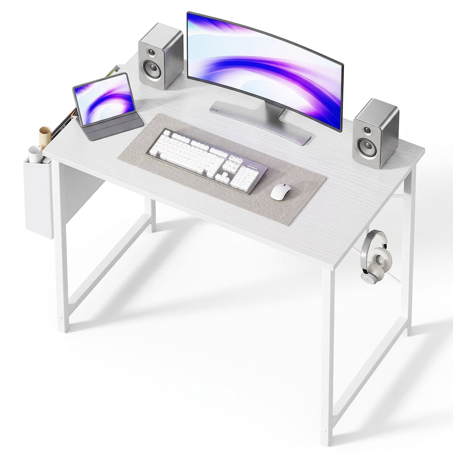 edx 40" Home Office Desk for Small Spaces, Computer Desk with Storage Bag & Hook, Modern Simple Style Study Writing Table for Bedroom, White