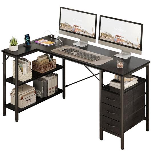 edx 55 Inch L Shaped Desk with Power Outlets, Computer Desk with 3 Drawers, Shelves, Monitor Stand, Corner Work, Rustic Brown
