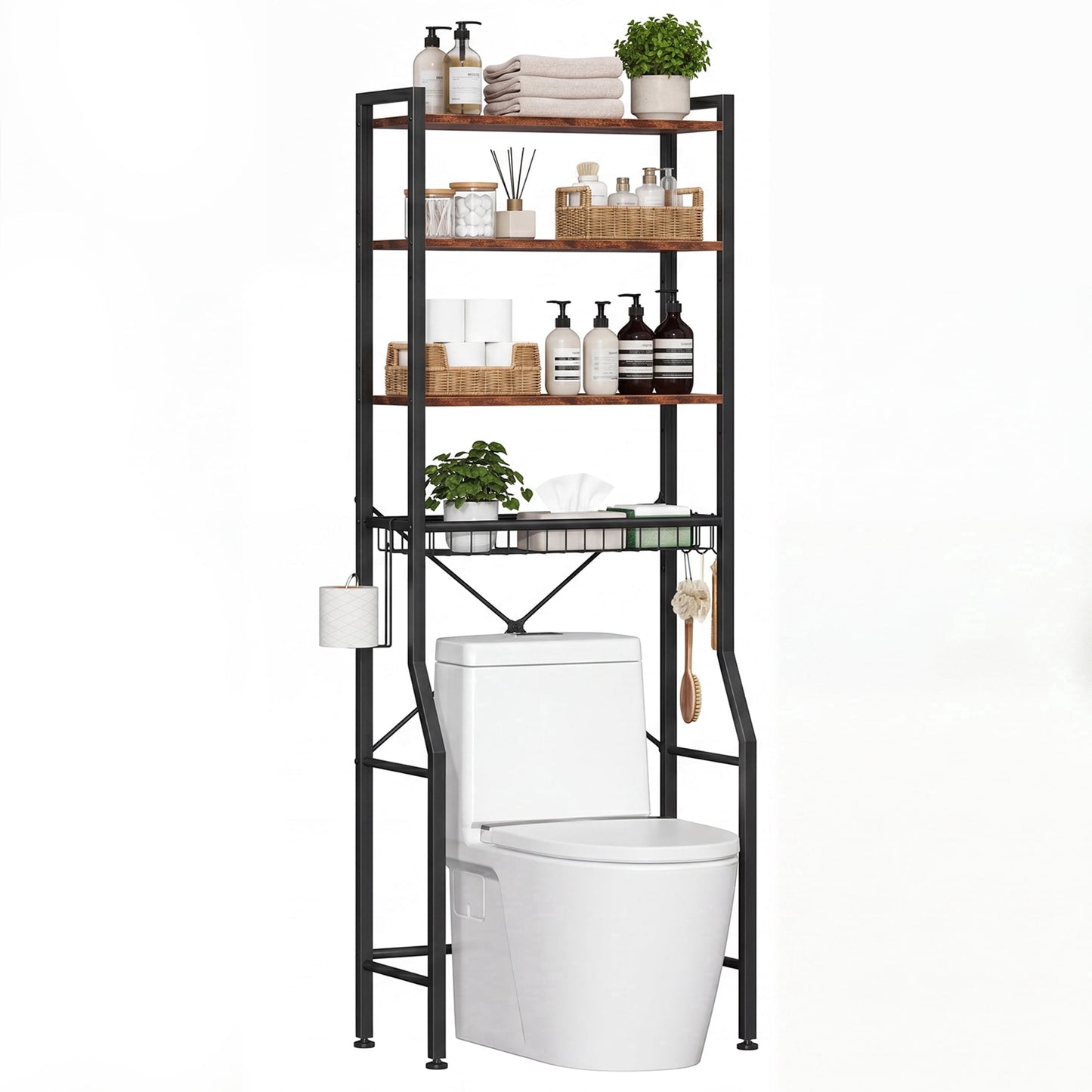 edx Over-The-Toilet Storage Rack, 4-Tier Space Saver Bathroom Organizer Shelf with Basket, Hooks & Paper Holder, Storage Cabinet Above Toilet for Room - Rustic Brown