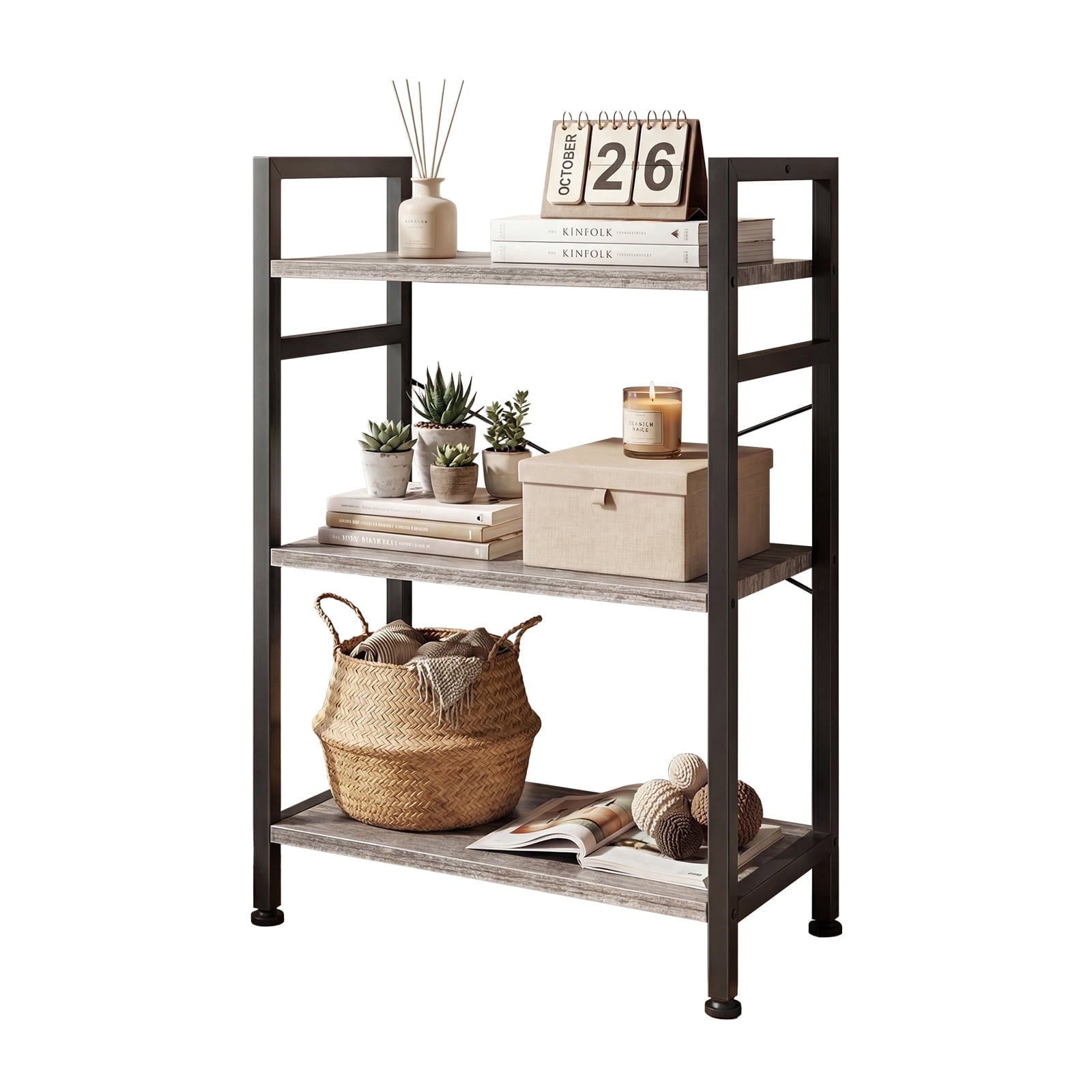 EDX Bookcase, 3 Tier Book Shelf, Storage Shelf, Classic Modern Bookcase for CDs, Movies, Books, Industrial Bookcase for Home Office, Living Room, Kitchen, Bedroom, Wood Gray