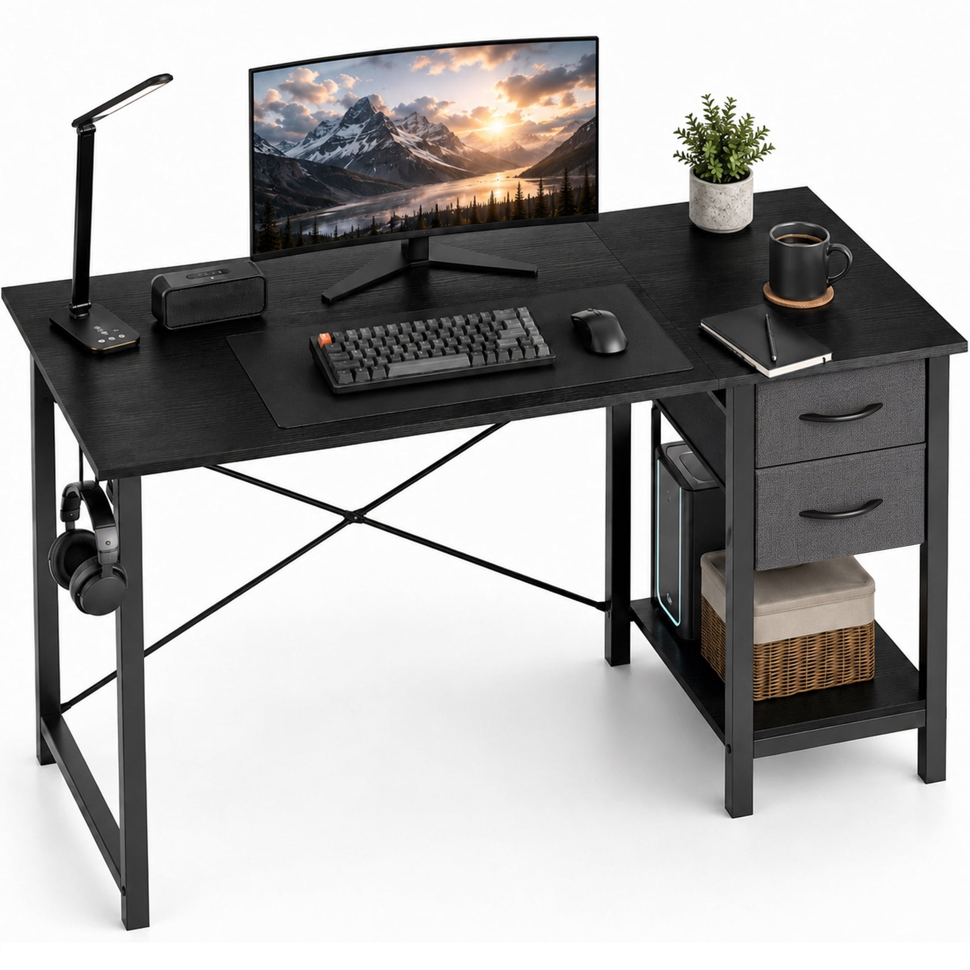 edx 47â€ Home Office Computer Desk with 2 Fabric Drawers, Storage Shelf, X-Frame Support, Spacious Computer Workstation Writing and Study Desk,Black Grain