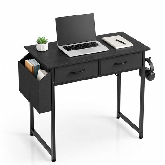 edx Small Desk with Drawers Storage Bag Iron Hook, 32 Inch Computer Desk Modern Gaming Writing Desk Study Table for Home Office, Black