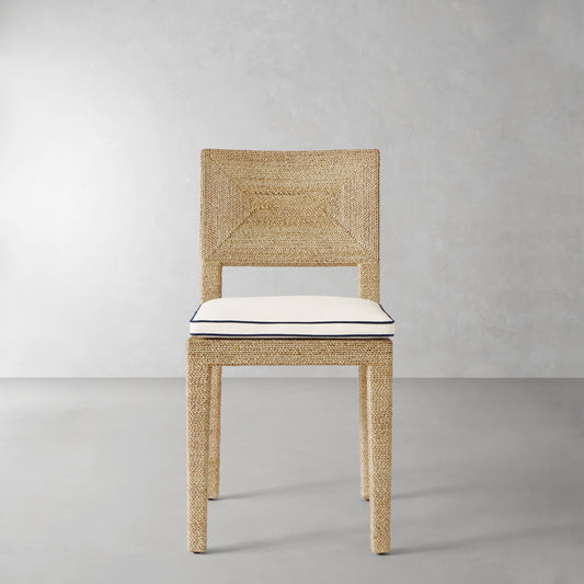 Point Reyes Side Chair Cushion,Sunbrella Performance Canvas\, White with Navy Piping,